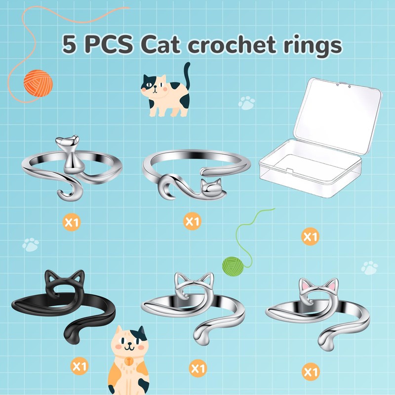 MARFOREVER 5 Pcs Crochet Rings Cat Crochet Tension Ring, Adjustable