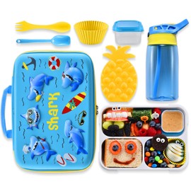 COO&KOO Shark Lunch Box Set, Include 3D Insulated Cooler Bag & Leakproof Water Bottle Pineapple Ice Pack Multipurpose Spork Spoon Silicone Cups Salad Box, Great for School Girls or Boys