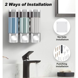 Kazaigou Shampoo and Conditioner Dispenser, 3 IN 1 Wall Mounted Shower Soap Dispenser, No Drill Shampoo Pump Dispenser for Shower Bathroom Hotel, 3 * 300ml with Labels