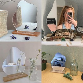 Generic Makeup Mirror Frameless | Vanity Decorative Desk Tabletop Mirrors with Wooden Stand for Living Room, Bedroom, Bathroom | Minimalist Spaces Home Decor | Cloud Aesthetic