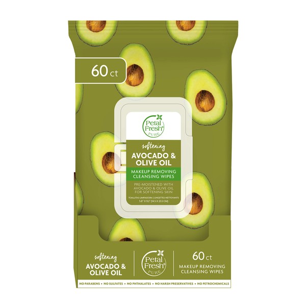 Petal Fresh Softening & Protecting Avocado & Olive Oil Makeup Removing, Cleansing Towelettes, Gentle Face Wipes, Daily Cleansing, Vegan and Cruelty Free, 60 count