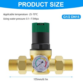 Water Pressure Regulator with Pressure Gauge, Water Filter 1/2 Inch House Connection Pressure Reducer Water with Water Pressure Gauge, Water Pressure Relief Valve Made of Brass for Regulating Water