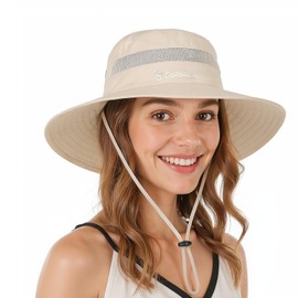 SEFIRST Sonnenhut Damen Herren, Wanderhut Safari Hut, UV-Schutz Strandhut Faltbar Sommerhut UPF 50+, Mesh Breite Krempe Campinghut, Sonnenschutz Hut mit Kinnriemen Einstellbar für Park, Beige