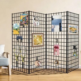 Yeson 2' x 4' Black Gridwall Panels, 4-Pack Heavy-Duty Wire Grid Panel with 9 Connectors & 20 Hooks, Commercial & Home Wall Grid Display for Retail, Craft Shows, and Room Organization – 3" x 3" Grid
