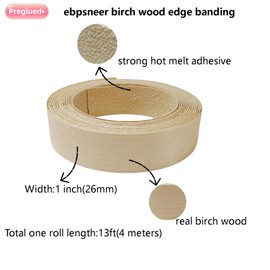 Real Birch Wood Veneer Edge Banding Tape,1 inch×13ft Preglued Iron On Edging Band Roll with Self Hot Melt Adhesive, Prefinished Flexible Edgebanding Strip for Laminate Furniture Cabinet Repair