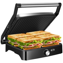 OSTBA Panini Press Grill with Adjustable Temperature, 4-Slice Indoor Grill, 180° Open Sandwich Maker with Drip Tray, Non-Stick Plates, Stainless Steel, 1200W ABC19
