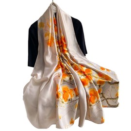 First Choose Silk Feeling Long Satin Scarf Fashion Beach Scarf Shawl Check Style Sunscreen Shawls Wraps-Lightweight Pattern (Beige-Persimmon)