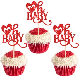 24 piezas de adornos para cupcakes para el día de San Valentín, diseño de corazón con purpurina, para el día de San Valentín, para baby shower, cumpleaños, fiesta, decoración de pasteles, color rojo