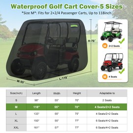 Waterproof Golf Cart Cover 4 Passenger for Yamaha/E-Z-Go/Cushman/Club Car/Evolution/ICON, Heavy Duty Sun Rain Dust Protection 2+2/4 Passenger Golf Cart Cover with Soft Cotton Lining & Door Zipper-M