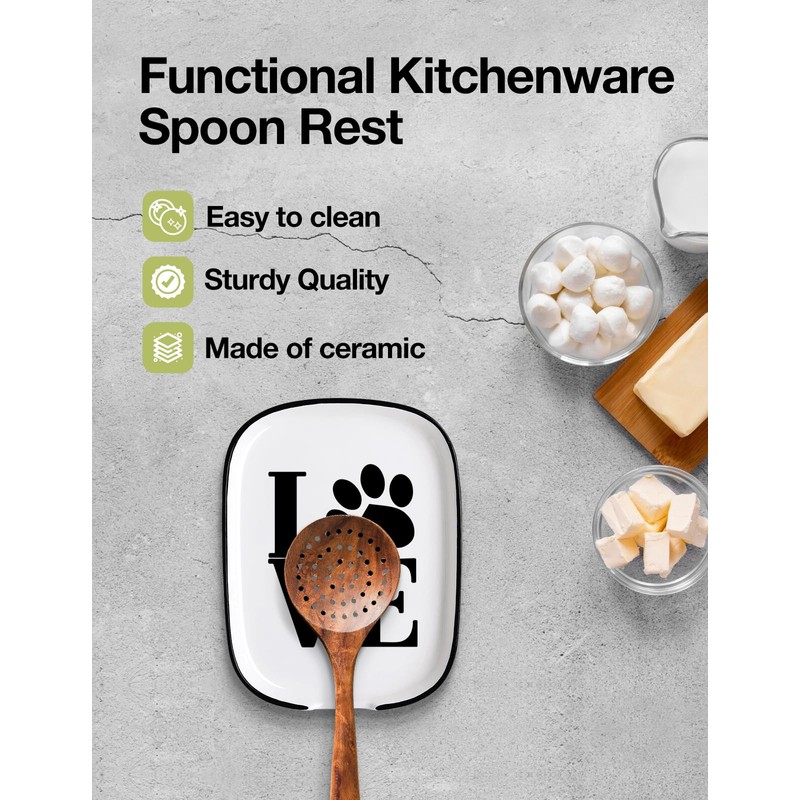 Ceramic Patterned Fork Spoon Rest with Message Love, Functional Kitchenware