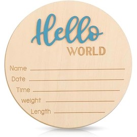 Baby Announcement Sign, 5.9 Inch Hello World Newborn Welcome Sign Wooden Baby Name Sign Birth Announcement Plaques for Newborn Boys Girls Photo Props Baby Shower Hospital Nursery (Blue)