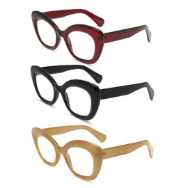 HoouMoou Oversized Cat Eye Reading Glasses for Women, Fashion 3 Pack Computer Blue Light Blocking Glasses Black Retro Style
