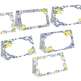 Lemon Place Cards 60pcs Yellow Lemons and Blue Tile Table Name Cards Weeding Buffet Food Label for Coast Birthday Bridal Shower Party Decoration