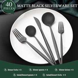 40-Piece Matte Black Silverware Set for 8, CEKEE Stainless Steel Flatware Cutlery Set, Cutlery Kitchen Utensils Set for Home Restaurant Apartment, Include Knife Forks and Spoons Silverware Set
