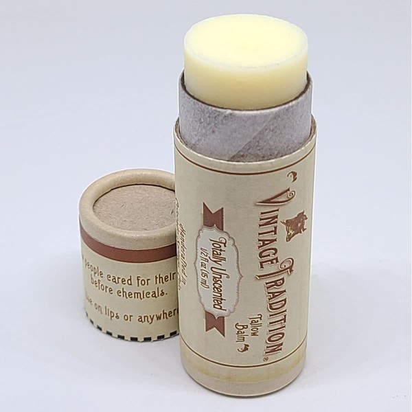 Moisturizing Beef Tallow Lip Butter – Unscented Tube Lip Moisturizer for Sensitive Skin Hydrates & Soothes Dry Lips – Grass-Fed Tallow Balm for Skin Care by Vintage Tradition, 0.5 Fl. Oz.