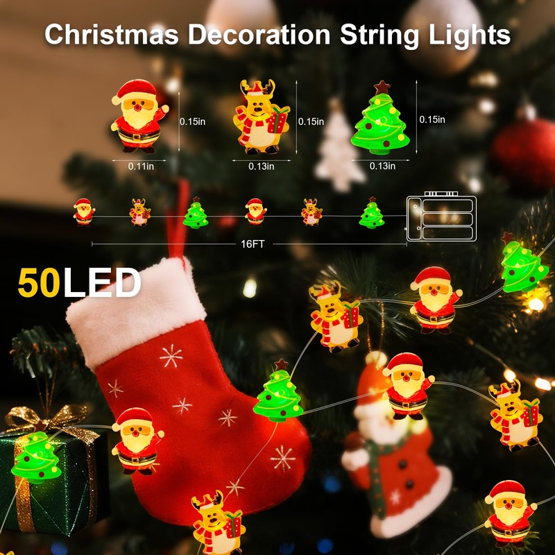 Aogist Christmas String Lights, 16ft 50 LED Battery Powered Reindeer