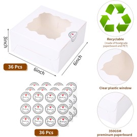 PFAMKEER 36 pcs 6x6x3 Inches Small Cake Box with Window, Bakery Pastry Cookie Boxes, Mini Pie for Pastry,Dessert,Strawberries,Chocolates, Cupcakes with paper stickers (white)
