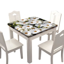 SongYi Square Floral Fitted Tablecloths, White Daisy Decor Polyester Table Cloth, Stain & Wrinkle Resistant Elastic Edge Cover, for Family Living Room Kitchen Patio Tablecloth, Fits 24 x inch