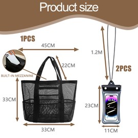 Syylqyr 3 Piece Beach Bags for Women Mesh Beach Bag Breathable Designwith 8 Pockets Summer Holiday Family Travel Beach Accessories for Beach Gym School Shopping Swimming Travel And Daily Black