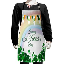 Ambesonne St. Patrick's Day Apron, Celebration Greeting with Rainbow and Flags Lucky Clovers Shamrock Plant, Small Apron Bib with Adjustable Ties for Baking Painting, Small Size, Multicolor