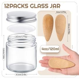 Nuogo 12 Pcs 4 oz 120 ml Glass Jars with Lids Empty Round Cosmetic Containers with 12 Deodorant Cream Applicators for Sample, Powder, Cream, Lotion, Spice