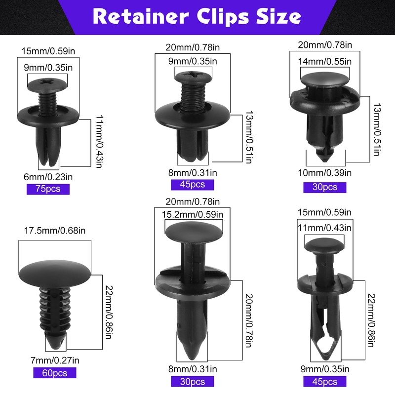 Set of 350 Car Mounting Clips, 6 Different Expansion Rivets,