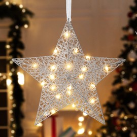 Lewondr Hanging Light for Christmas, 11.8 Inch Lighted Star Shape Decorative Hanging Ornament, Battery Operated Iron Wire LED Decor Light for Xmas Holiday Room Home Party, Timer Function, Silver