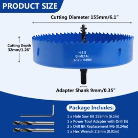 LC LICTOP 6.1 Inch Hole Saw, Bi-Metal Cornhole Cutter, Heavy Duty HSS Blade Drill Bit for Ceiling Light, Wood, Soft Metal Sheet, Plastic Panel, Drywall and Fiberboard, with Positive Rake Teeth, Blue