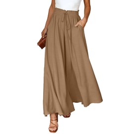 Dokotoo Beach Vacation Clothes for Women Casual Wide Leg Pants Tie Drawstring High Waisted Comfy Lounge Yoga Trousers Palazzo Linen Pants Women Summer with Side Pockets Khaki L