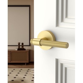 Asidrama 1 Pack Passage Gold Knurled Door Handles, Door Lever with Door Knobs Indoor for Bedroom or Bathroom, Heavy Duty Brushed Gold Door Handles Interior with Locks for Left Right Sided Doors