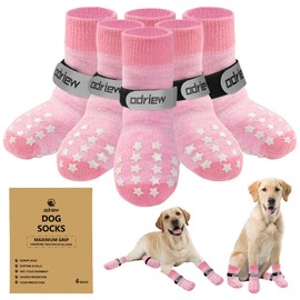 Odriew 6 PCS Dog Socks to Prevent Licking Paws, Double-Sided Non-Slip Dog Socks for Hardwood Floors Anti Slip Paw Protector with Elastic Reflective Straps for Medium, Large, Senior Dogs. (Pink, XL)