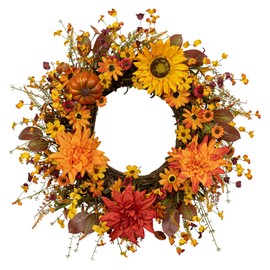 JINGHONG Fall Wreaths for Front Door 22 Inch Artificial Fall Wreath Autumn Flower Wreath with Sunflower Daisy Dahlia Pumpkin for Indoor Outdoor Window Wall Porch Harvest and Thanksgiving Celebration