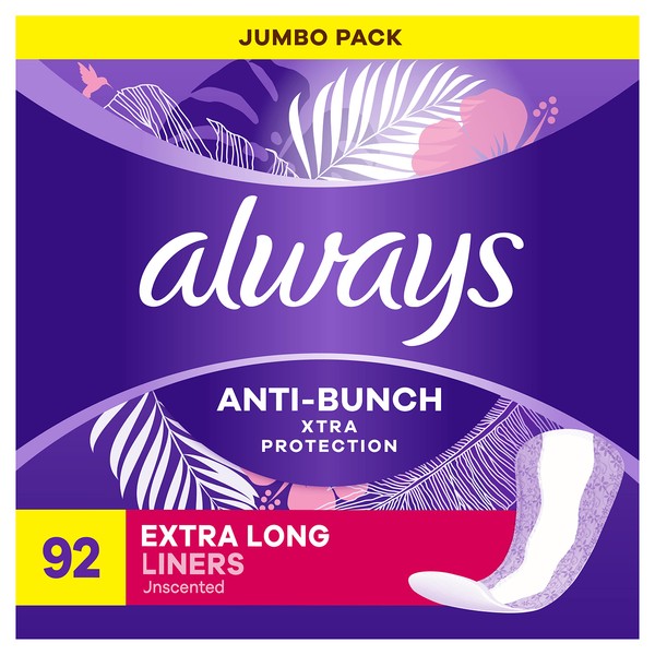 Always Anti-Bunch Xtra Protection, Panty Liners For Women, Light Absorbency, Extra Long Length, Leakguard + Rapiddry, Unsented, 92 Count