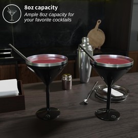 vaanshie 8 oz. Vacuum Sealed Martini Glass [Black/Set of 2] - Stainless Steel Martini Glass, Insulated Tumbler with Straws, Olive Pins, Straw Cleaner, Insulated Glass for Travelling | Drinkware