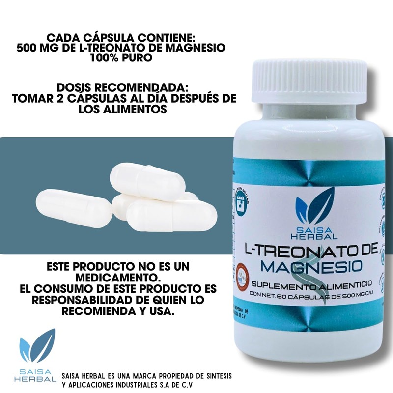 L-treonato De Magnesio 100% Puro con 60 Cápsulas SAISA HERBAL