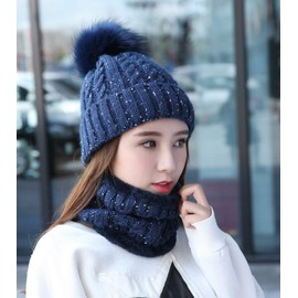 Women's Winter Hat Scarf Set, Soft Inner Lining Knitted Hat and with Fleece Lining, Winter Warm Beanie Hat Knitted Scarf, Tube Scarf Hats Hats Faux Fur Bobble Pom (Navy Blue), One Size