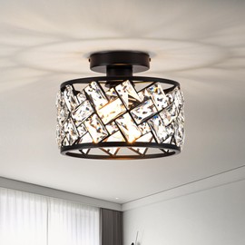 Rpzloila Crystal Ceiling Light Fixture, Modern Semi Flush Mount Ceiling Light,Crystal Chandelier for Kitchen Bedroom Bathroom Entryway, Black Finish