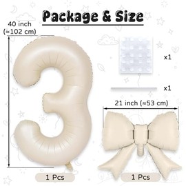 40 Inch Cream Number 3 with Bow Balloons, Giant Self Inflating Beige Foil Numbers 0-9 with Bow for 3rd Birthday Decoration, Ivory White Sand 3 Helium Balloons for Girls Women Birthday Party Supplies