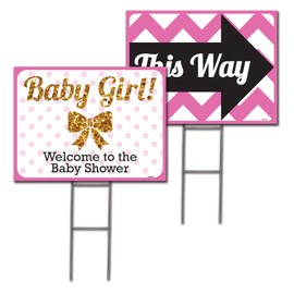 VSE | Baby Girl Double Sided Lawn Sign 18x24 Inch | Baby Shower Kit | 6x24 Inch H-Stakes