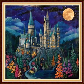 DMCCRAFT Stamped Cross Stitch Kits for Adults 11CT Printed Cross-Stitch Patterns Embroidery Kits Easy Cross Stitching Needlepoint Kits-Moonlight Castle 18x18 inch