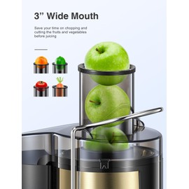 Qcen Juicer Machine, 500W Centrifugal Juicer Extractor with Wide Mouth 3” Feed Chute for Fruit Vegetable, Easy to Clean, Stainless Steel, BPA-free (Gold)