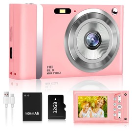 TIXINPO 48MP Kids Pink Digital Camera, 1080P FHD Point and Shoot Camera with 16X Zoom, Anti-Shake, 2.4" LCD, Compact Small Camera for Girls & Boys - Includes 32GB Card, Lanyard (Vintage Design)