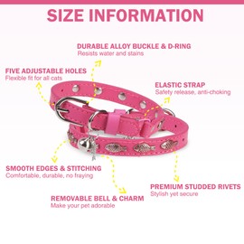 DILLYBUD Leather Cat Collar with Bell and Safety Elastic Strap, Adjustable Studded Pet Collars with Charm, Non Breakaway Kitten Collar for Boy Girl Cats Puppies Size 8-12in, Rose