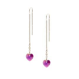 14 k Gold-Filled Threader Earrings made with Austrian Fuchsia Crystal Hearts and Genuine Cultured White Freshwater Pearls, 3.5 mm