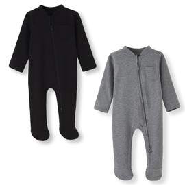 BINIDUCKLING Baby Boys Girls Double Zip Up Sleepsuit - Two-Way Zipper Baby Footed Pajamas - Cotton Long Sleeve Onesie for Baby Grows 0-3 Month, Black and Grey
