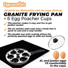 Eggssentials 2 IN 1 Egg Poacher Pan & Large Frying Pan - Poached Egg Maker, Granite Egg Poacher with 6 Cups - Egg Pan - 10 Inch Frying Pan Nonstick Omelette Pan