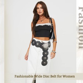 HIQUACC Wide Disc Belt for Women Vintage Leather Hollow Out Round Belt Western Waist Belt (Silver Black XL)