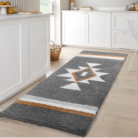 TANVILL Boho Bathroom Rugs Runner Non Slip Bath Mat, Geometric Long Bathroom Rug Soft Absorbent Large Carpet for Bathroom Entryway Kitchen Shower Farmhouse, Grey 24x60