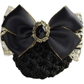 Women Hair Bun Cover Net Hairnet Bowknot Decor Barrette Hair Clip Bow Ribbon Flower Hair Accessories (Black, One size)