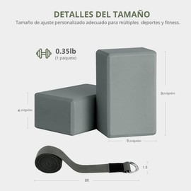 Hirola Set de 2 Bloques de Yoga de 9×6×4 pulgadas de Goma de Alta Densidad, Con Correa de Estiramiento de 2.4m para Yoga, Pilates, Estiramiento y Tonificación. (Gris)
